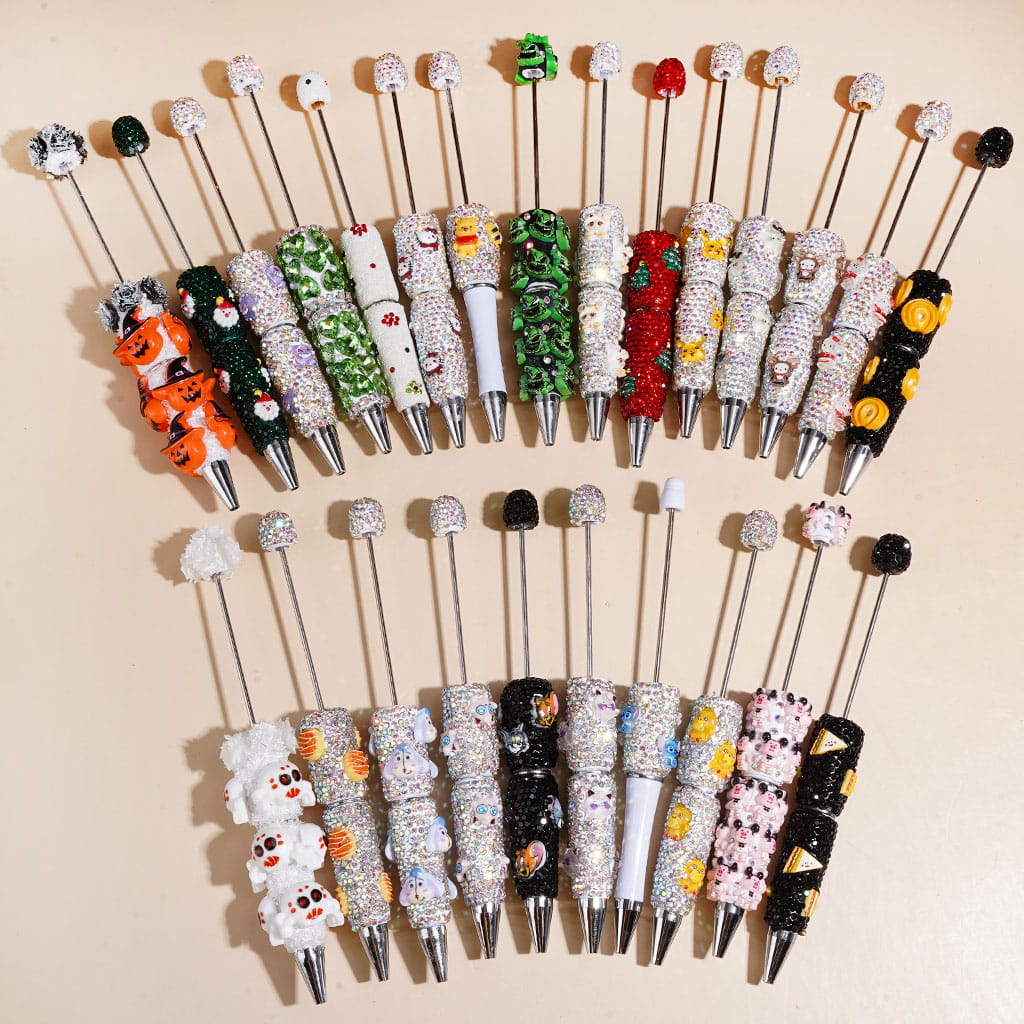 Beadable Clay or Sugar Pens w Shiny Rhinestones, Animals Monster Character Christmas Halloween Food Theme, Random Mix