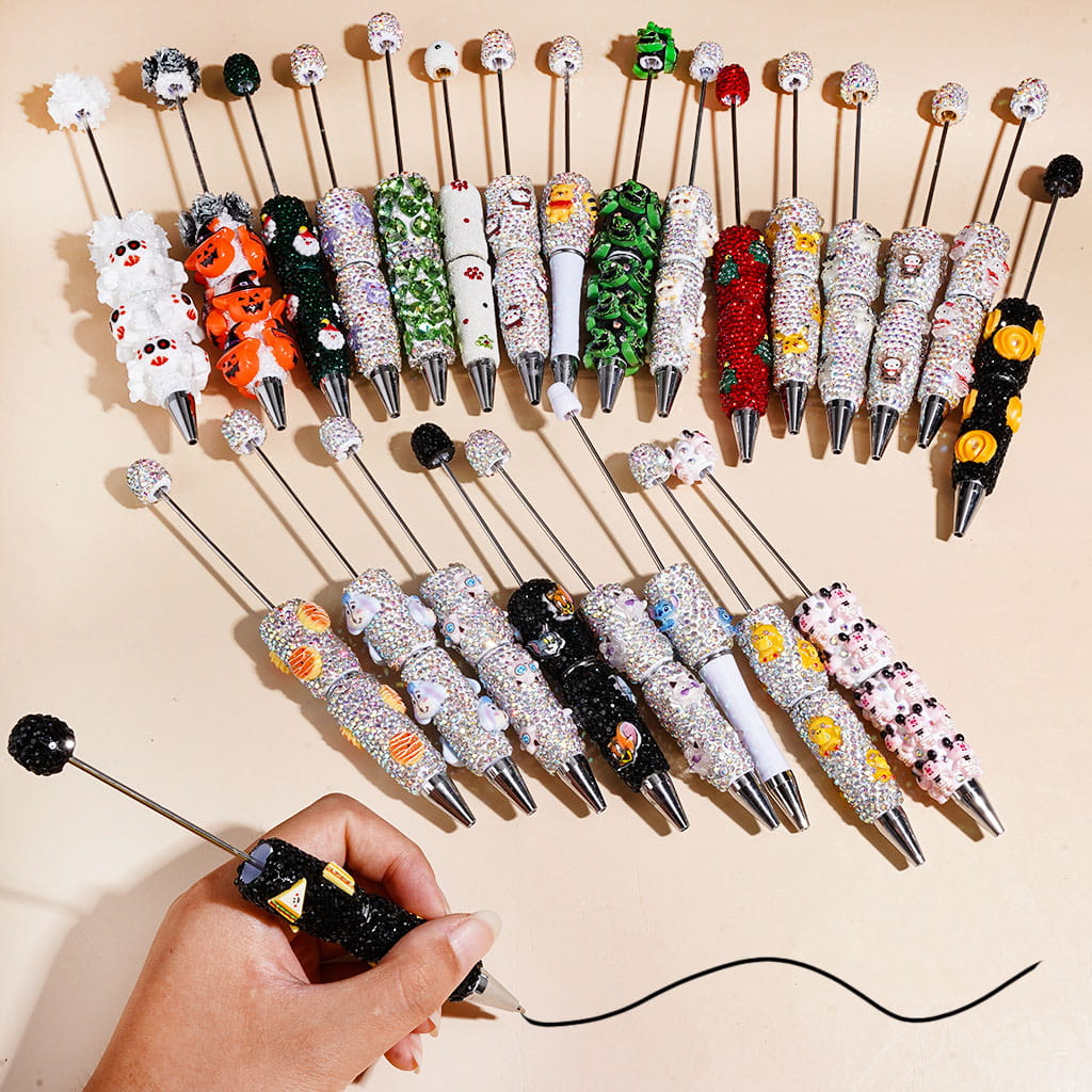 Beadable Clay or Sugar Pens w Shiny Rhinestones, Animals Monster Character Christmas Halloween Food Theme, Random Mix