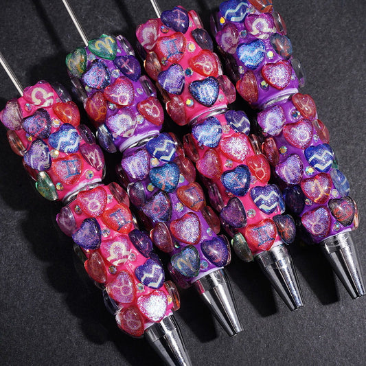 Beadable Clay Pens Clear Heart with Twelve Constellations Patterns and Shiny Glitter, AB Rhinestones, Rose Pink and Dark Purple