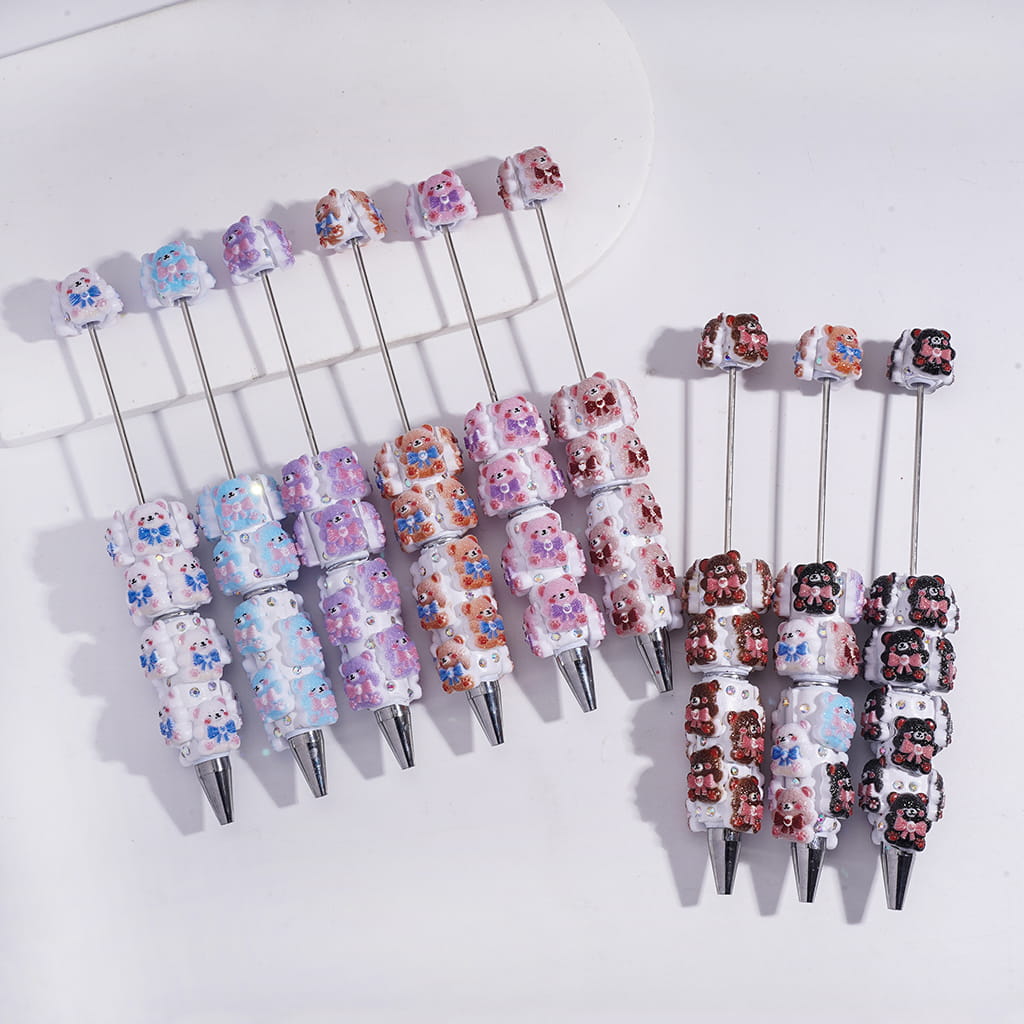 Beadable Clay Pens with Shy Bear Wearing Bowtie on Chest, AB Rhinestones and White Pearl