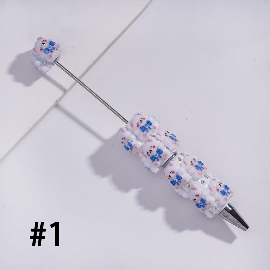Beadable Clay Pens with Shy Bear Wearing Bowtie on Chest, AB Rhinestones and White Pearl
