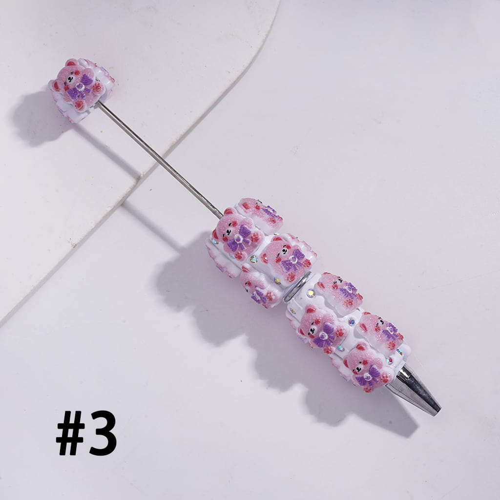 Beadable Clay Pens with Shy Bear Wearing Bowtie on Chest, AB Rhinestones and White Pearl