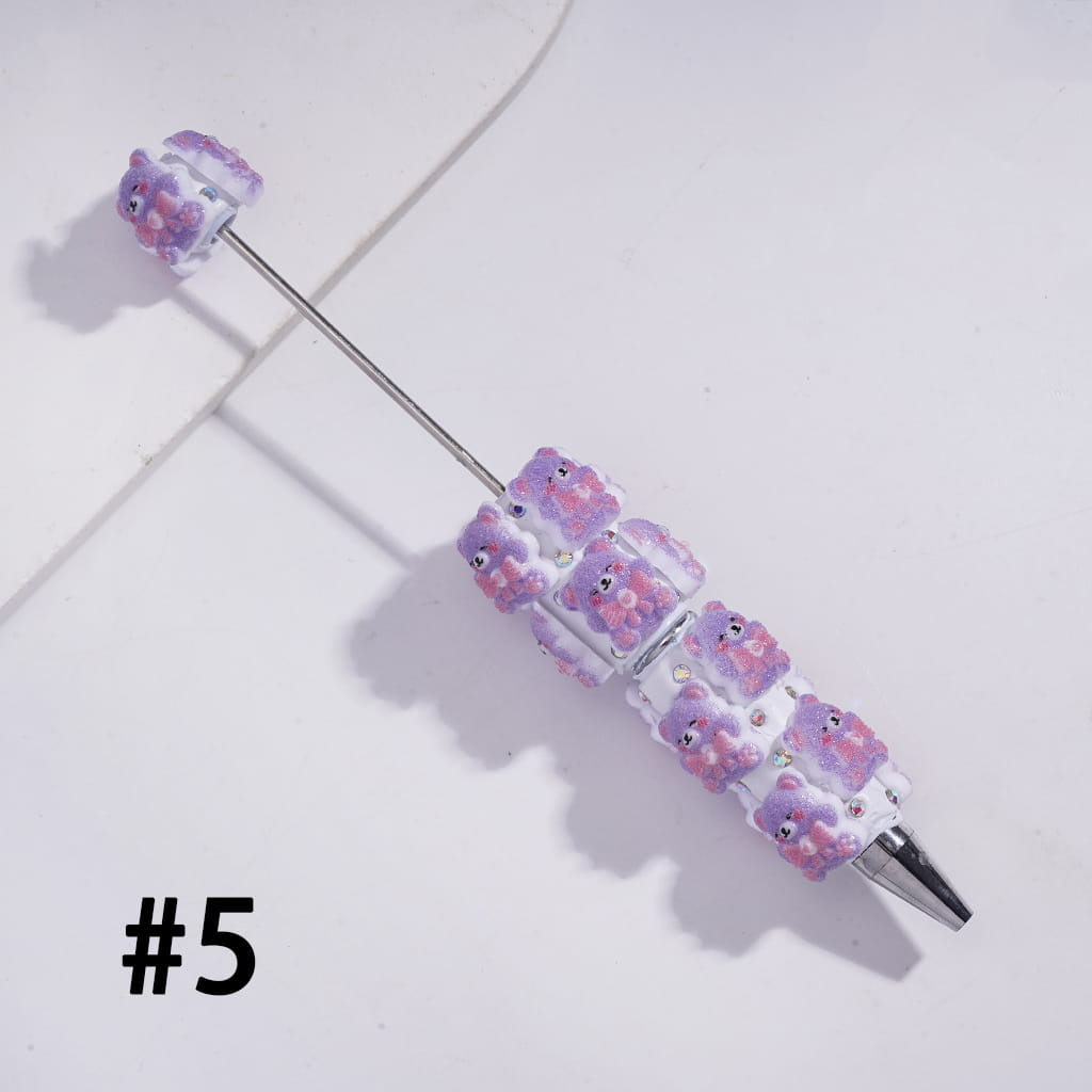Beadable Clay Pens with Shy Bear Wearing Bowtie on Chest, AB Rhinestones and White Pearl