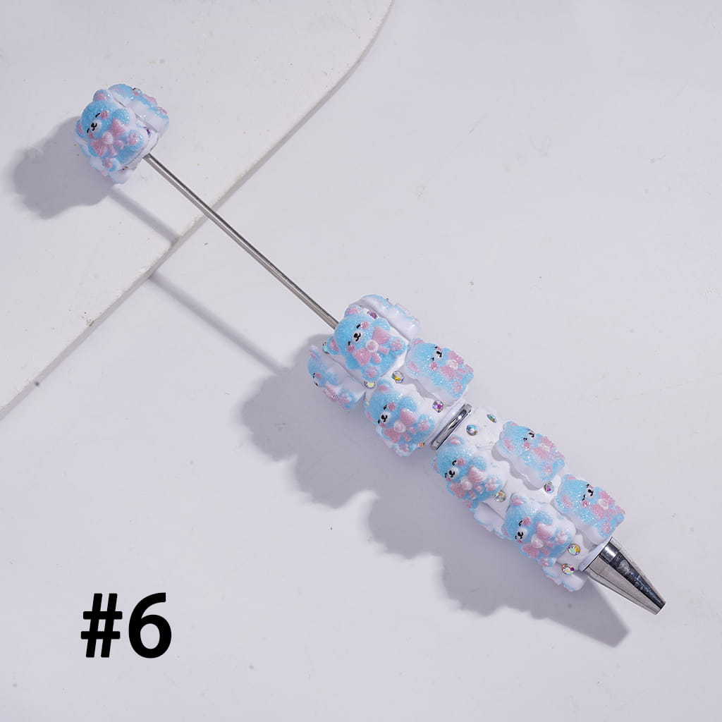 Beadable Clay Pens with Shy Bear Wearing Bowtie on Chest, AB Rhinestones and White Pearl