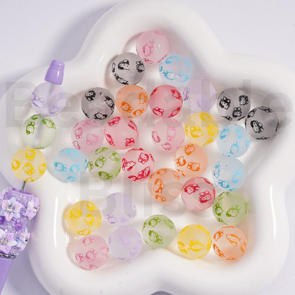 Acrylic Beads Frosted Matte Cute Hello Kitt Prints Multi-Color 16MM (Single Color is available for 200pcs(Whole Bag) Only)