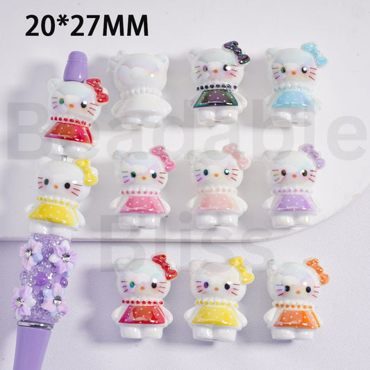 Acrylic Beads UV Coating Cute Hello Kitt with Dress Bowknot 20*27MM, Random Mix