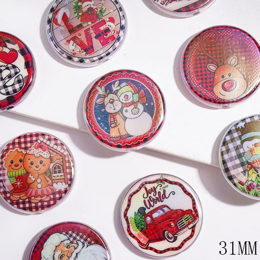 UV Coating Christmas Acrylic Beads, Gingerbread House Car Snowman Deer Santa Claus Patterns, 31MM, Flat Round Shape, Random Mix