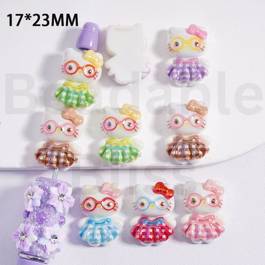 Acrylic Beads UV Coating Cute Hello Kitt with Glasses Plaid Skirt 17*23MM, Random Mix
