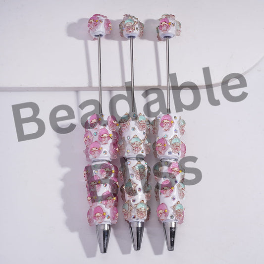 Beadable Clay Pens with Little Babies Star and AB Rhinestones, Pink Mint Green