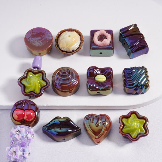 Acrylic Beads UV Coating Mini Cute Chocolate Cake Dessert, Random Mix