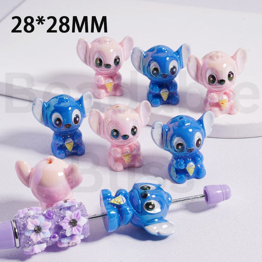 Acrylic Beads UV Coating Cute Blue & Pink Stitc Ange 28*28MM, Random Mix