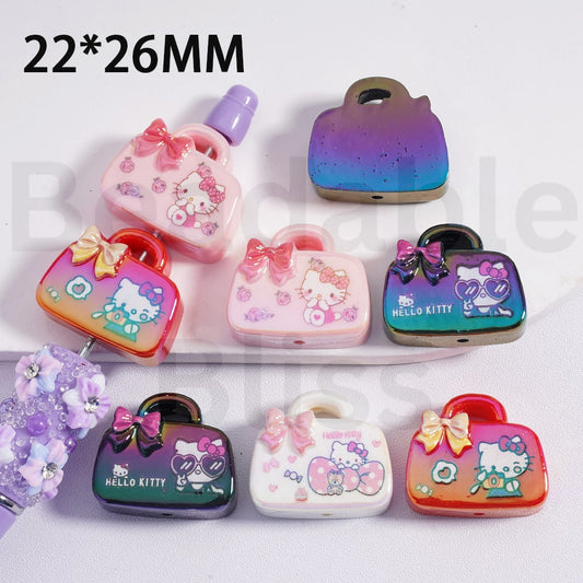 Acrylic Beads UV Coating Cute Hello Kitt Style Lady Handbag 22*26MM, Random Mix
