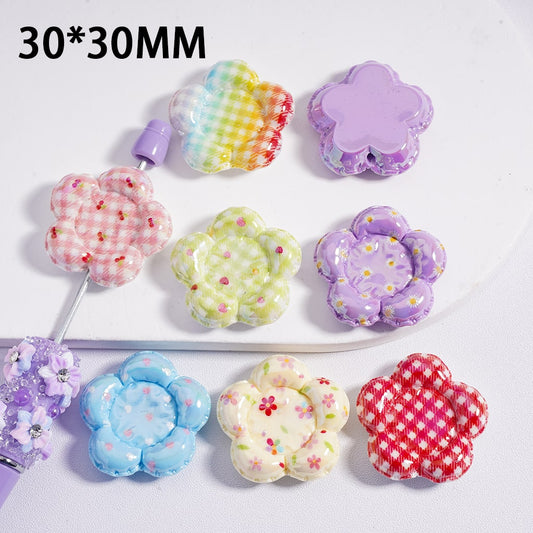 Acrylic Beads UV Coating Cute Flower Prints Plates 30MM, Random Mix