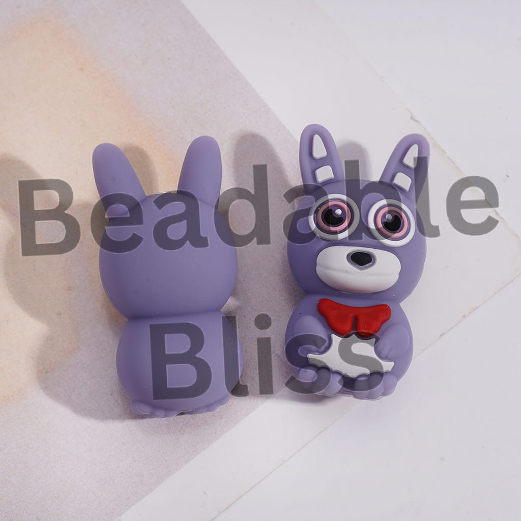 Silicone Focal Beads 3D Villain Rabbit with Red Bowtie in Horror Adventure Game Series, Purple Pink