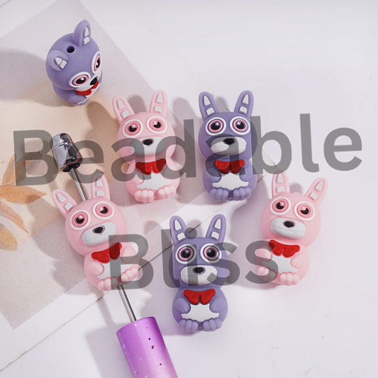 Silicone Focal Beads 3D Villain Rabbit with Red Bowtie in Horror Adventure Game Series, Purple Pink