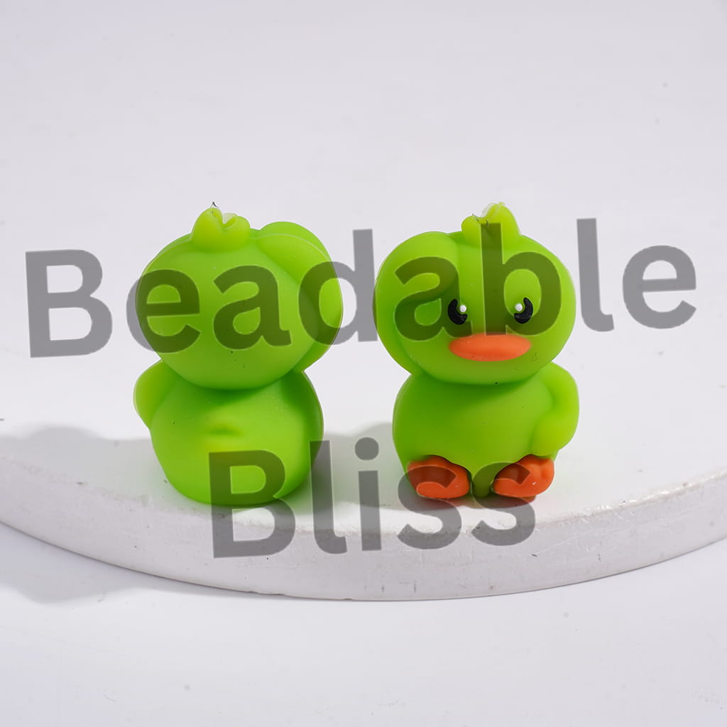 Silicone Focal Beads 3D Cute Duck Waving Gesture, Green and Yellow