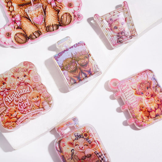 Acrylic Beads and Pendants Highland Cattle in Western Cowboys Series, UV Finish, Pink Brown Style, Random Mix