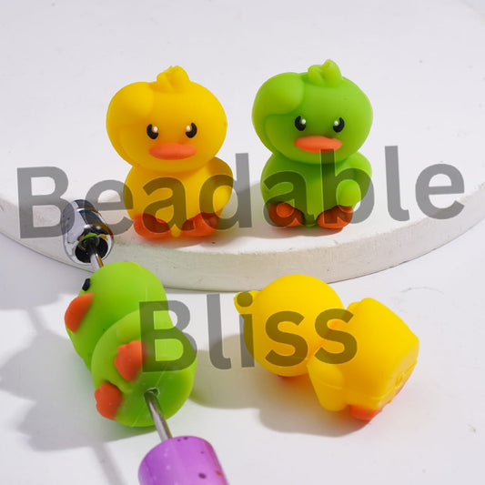 Silicone Focal Beads 3D Cute Duck Waving Gesture, Green and Yellow