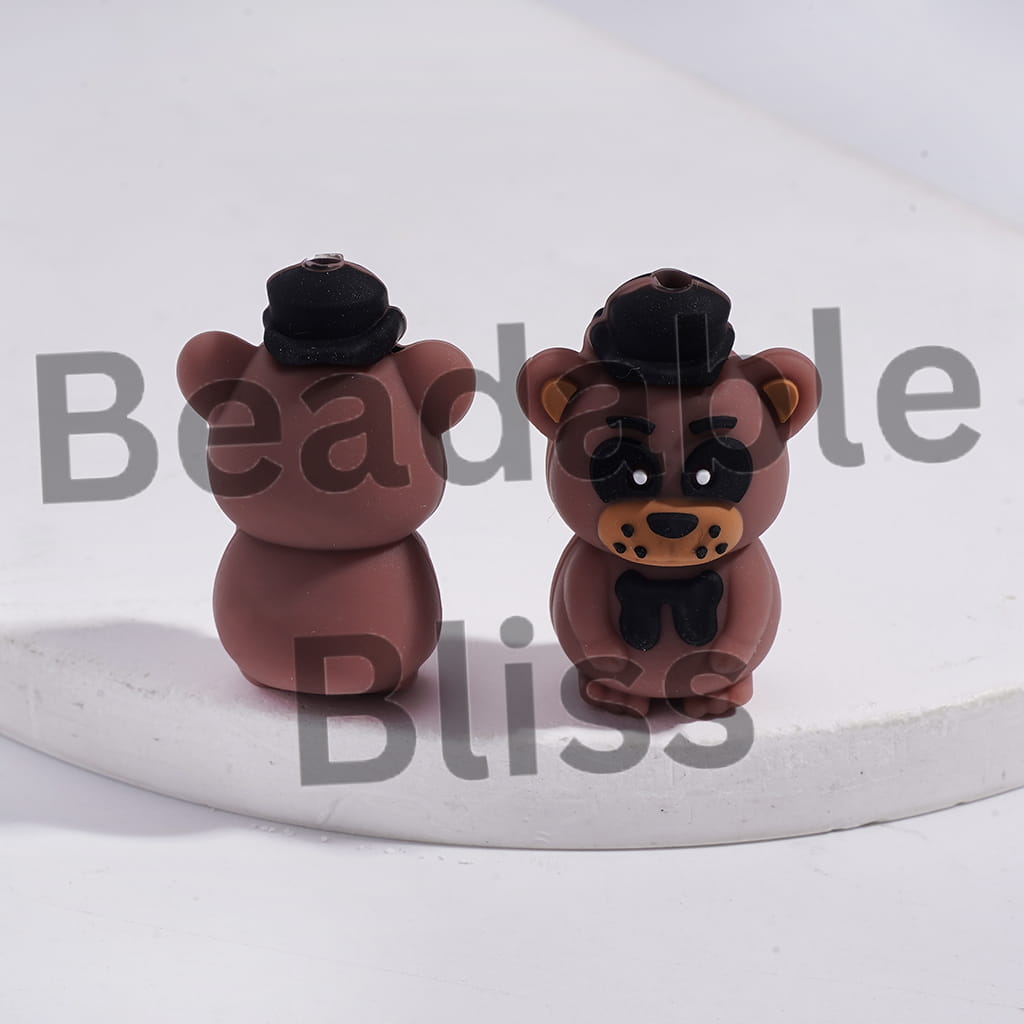 Silicone Focal Beads 3D Classic Brown Bear & Mysterious Yellow Bear with Black Top Hat Bowtie in Horror Adventure Game Series