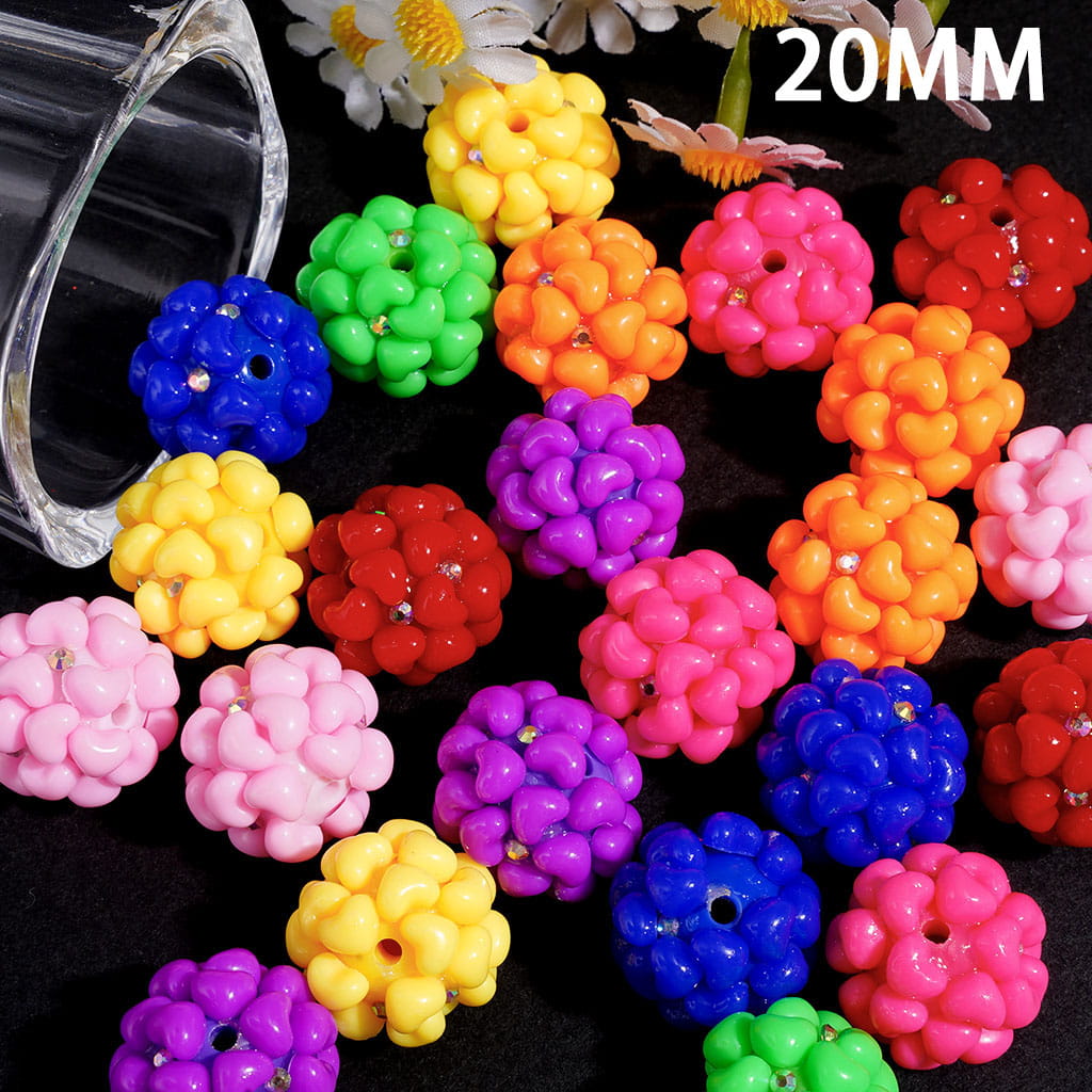 Hand-Made Acrylic Beads with Heart and AB Rhinestones, 20MM, Fluorescent Colors, Random Mix