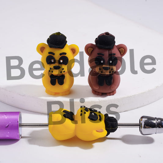 Silicone Focal Beads 3D Classic Brown Bear & Mysterious Yellow Bear with Black Top Hat Bowtie in Horror Adventure Game Series