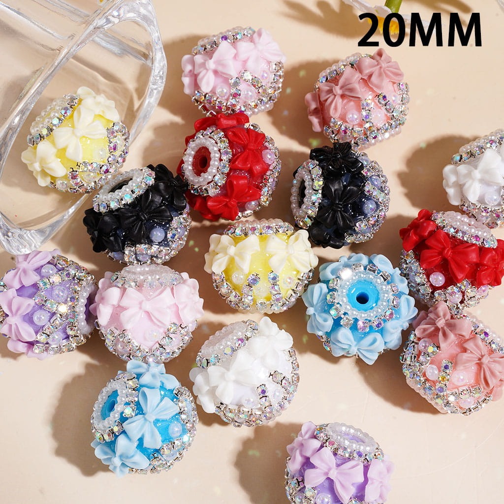 Handcrafted Acrylic Beads w Mini Bowtie & UV Coated Half-Shell Pearls, AB Rhinestone & White Pearl Chains, 20MM Multi-Color, Random Mix