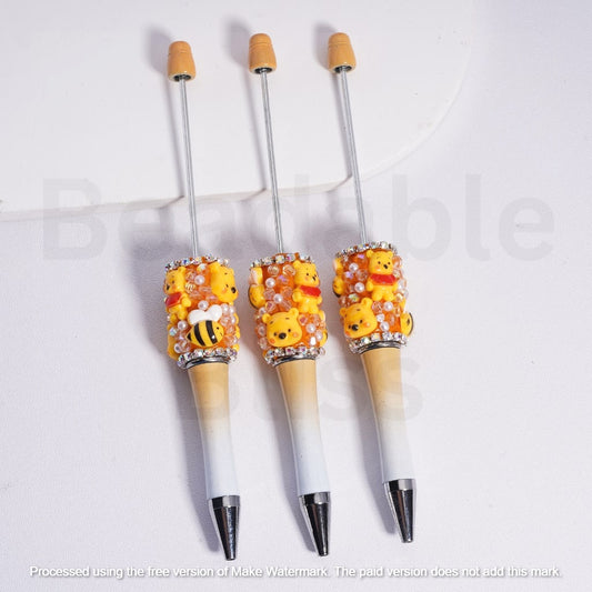 Beadable Clay Pen with White Pearls AB Rhinestones Chains Cute Winni the Pooh Bee