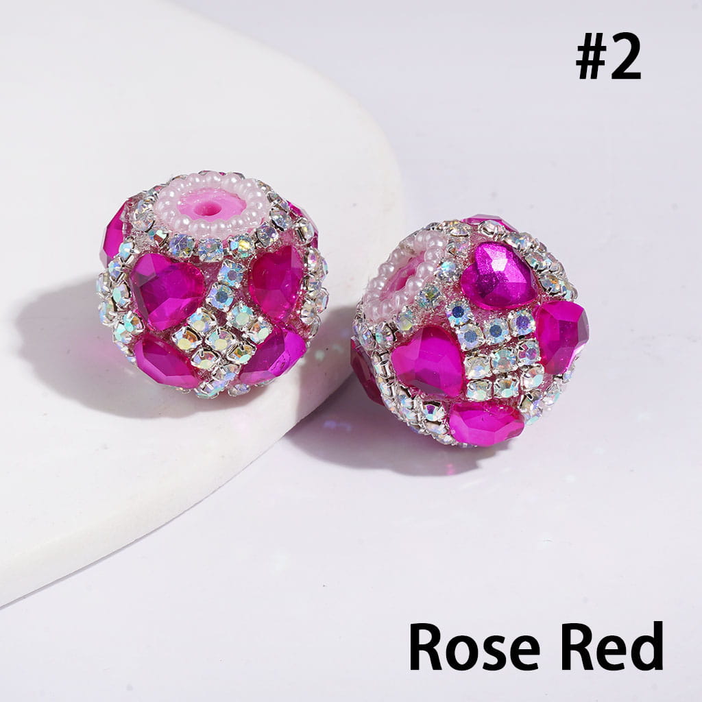 Handcrafted Acrylic Beads w Heart Crystal and Square Shaped AB Rhinestone Chains, White Pearl Loop, 20MM Multi-Color