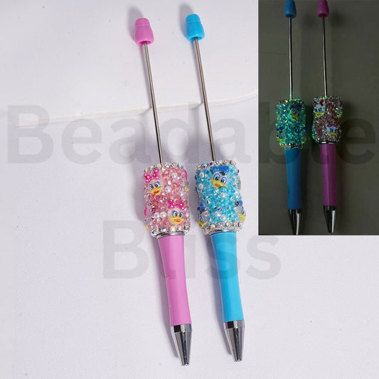 Beadable Clay Pen Luminous with AB & Cone Shape Rhinestones  White Pearls Cute Donal Dais Duck