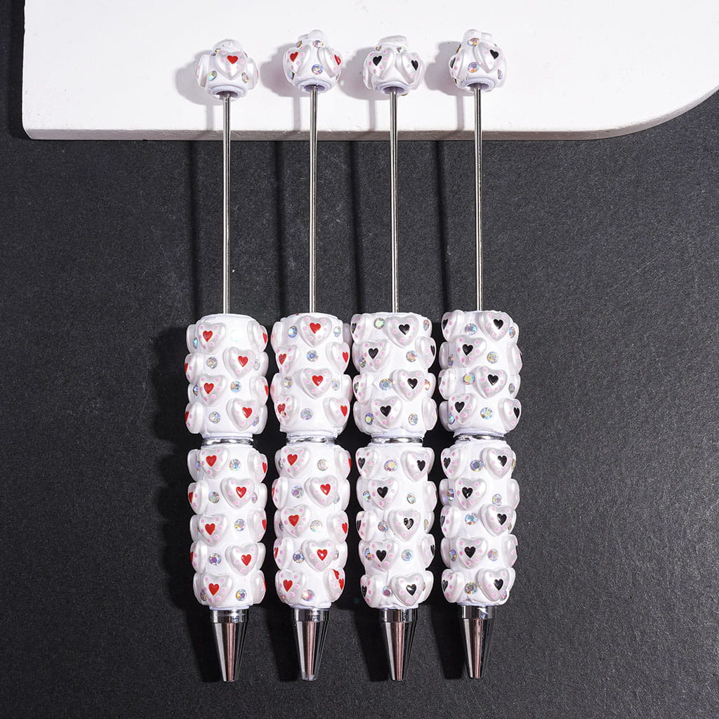 Beadable Clay Pens with Heart and AB Rhinestones, Pink and Black