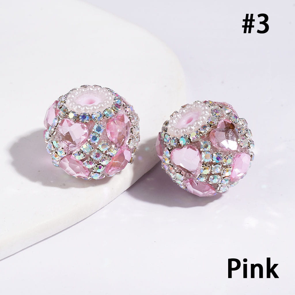 Handcrafted Acrylic Beads w Heart Crystal and Square Shaped AB Rhinestone Chains, White Pearl Loop, 20MM Multi-Color