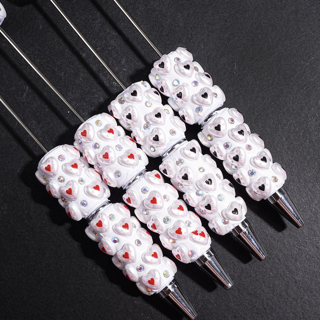Beadable Clay Pens with Heart and AB Rhinestones, Pink and Black