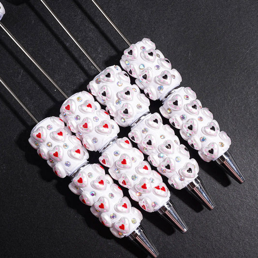 Beadable Clay Pens with Heart and AB Rhinestones, Pink and Black