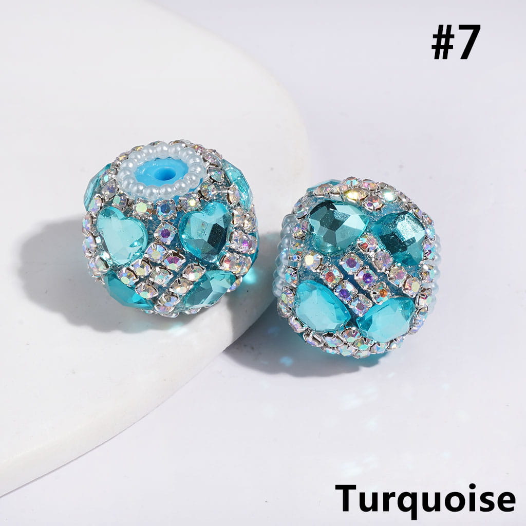Handcrafted Acrylic Beads w Heart Crystal and Square Shaped AB Rhinestone Chains, White Pearl Loop, 20MM Multi-Color