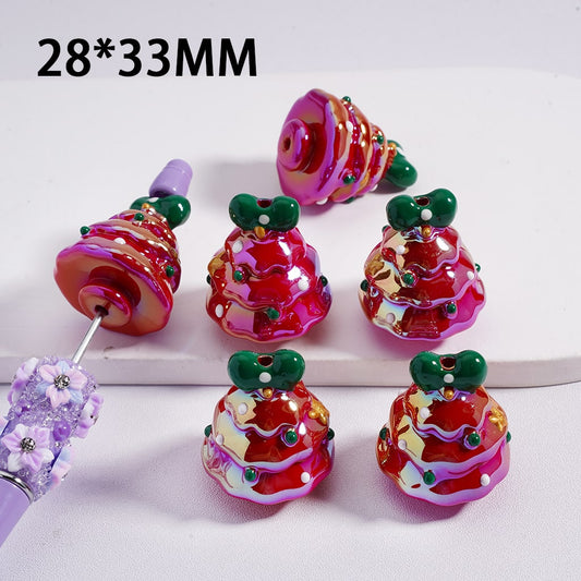 Acrylic Beads UV Coating Red & Green Christmas Tree with Bowknot 28*33MM