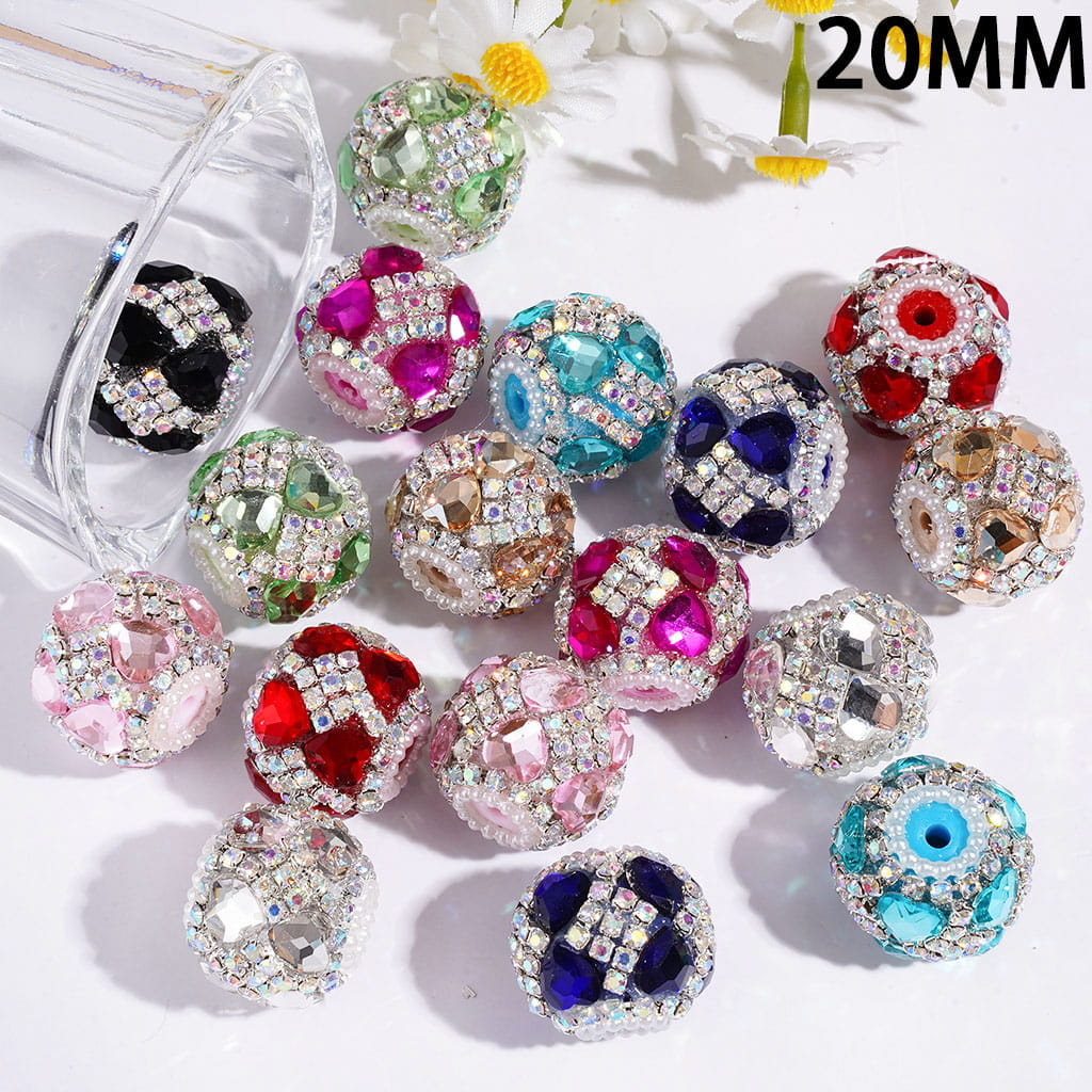 Handcrafted Acrylic Beads w Heart Crystal and Square Shaped AB Rhinestone Chains, White Pearl Loop, 20MM Multi-Color