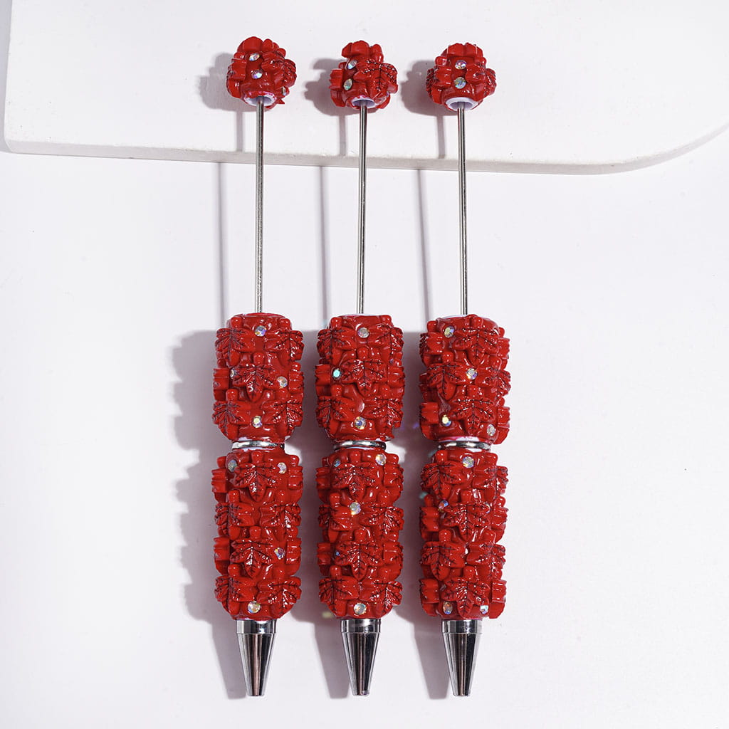 Beadable Clay Pens with Red Maple Leaves and AB Rhinestones