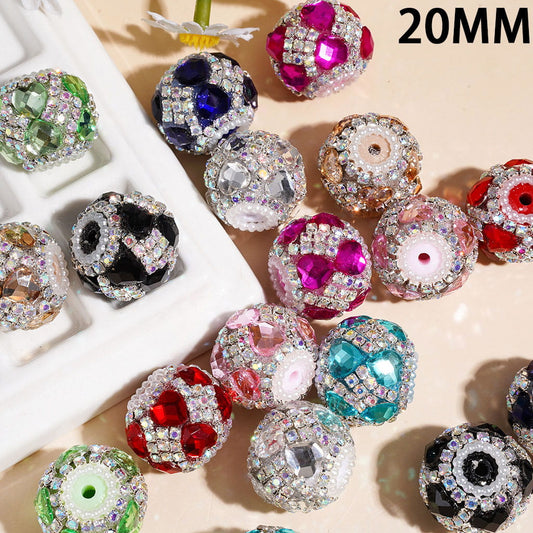 Handcrafted Acrylic Beads w Heart Crystal and Square Shaped AB Rhinestone Chains, White Pearl Loop, 20MM Multi-Color