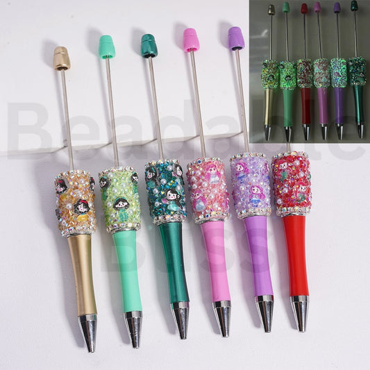 Beadable Clay Pen Luminous with AB Rhinestones Chains White Pearls Cone Shape Rhinestones Disne Princess Snow Whit Mermai