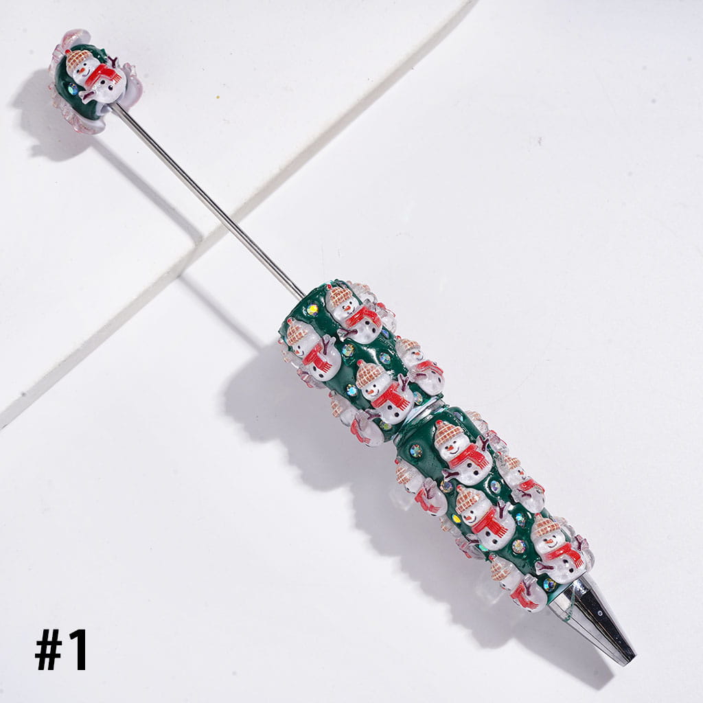 Christmas Beadable Clay Pens, with AB Rhinestones & Snow Bell Tree Hat Candy Cane Santa Claus Gift Box Gingerbread Sock Candle, Green Pen Base