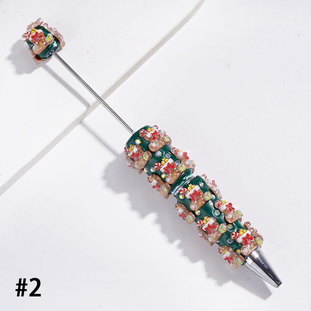 Christmas Beadable Clay Pens, with AB Rhinestones & Snow Bell Tree Hat Candy Cane Santa Claus Gift Box Gingerbread Sock Candle, Green Pen Base