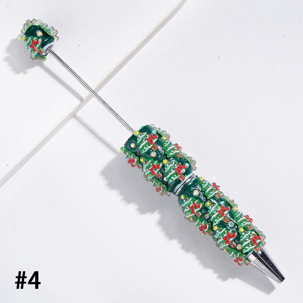 Christmas Beadable Clay Pens, with AB Rhinestones & Snow Bell Tree Hat Candy Cane Santa Claus Gift Box Gingerbread Sock Candle, Green Pen Base