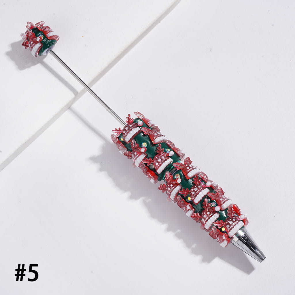 Christmas Beadable Clay Pens, with AB Rhinestones & Snow Bell Tree Hat Candy Cane Santa Claus Gift Box Gingerbread Sock Candle, Green Pen Base