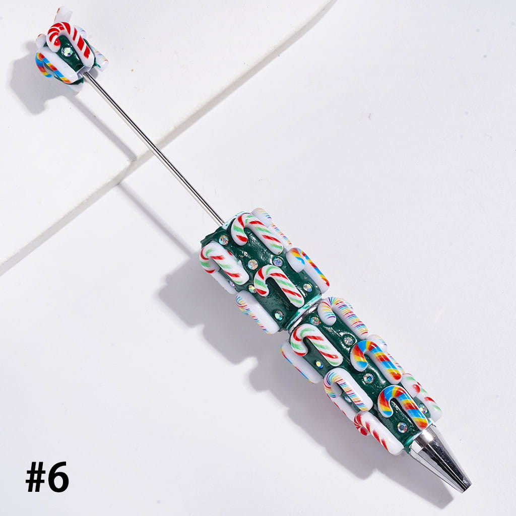 Christmas Beadable Clay Pens, with AB Rhinestones & Snow Bell Tree Hat Candy Cane Santa Claus Gift Box Gingerbread Sock Candle, Green Pen Base