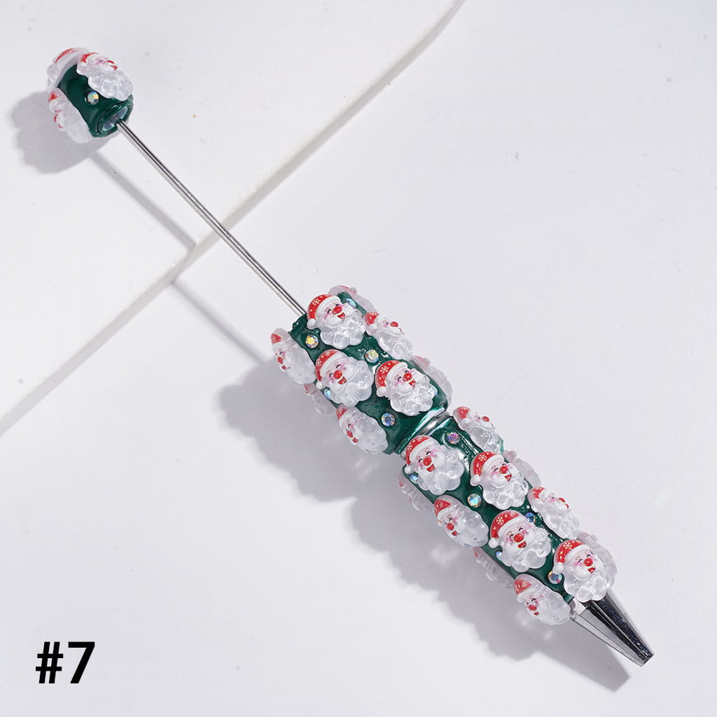 Christmas Beadable Clay Pens, with AB Rhinestones & Snow Bell Tree Hat Candy Cane Santa Claus Gift Box Gingerbread Sock Candle, Green Pen Base