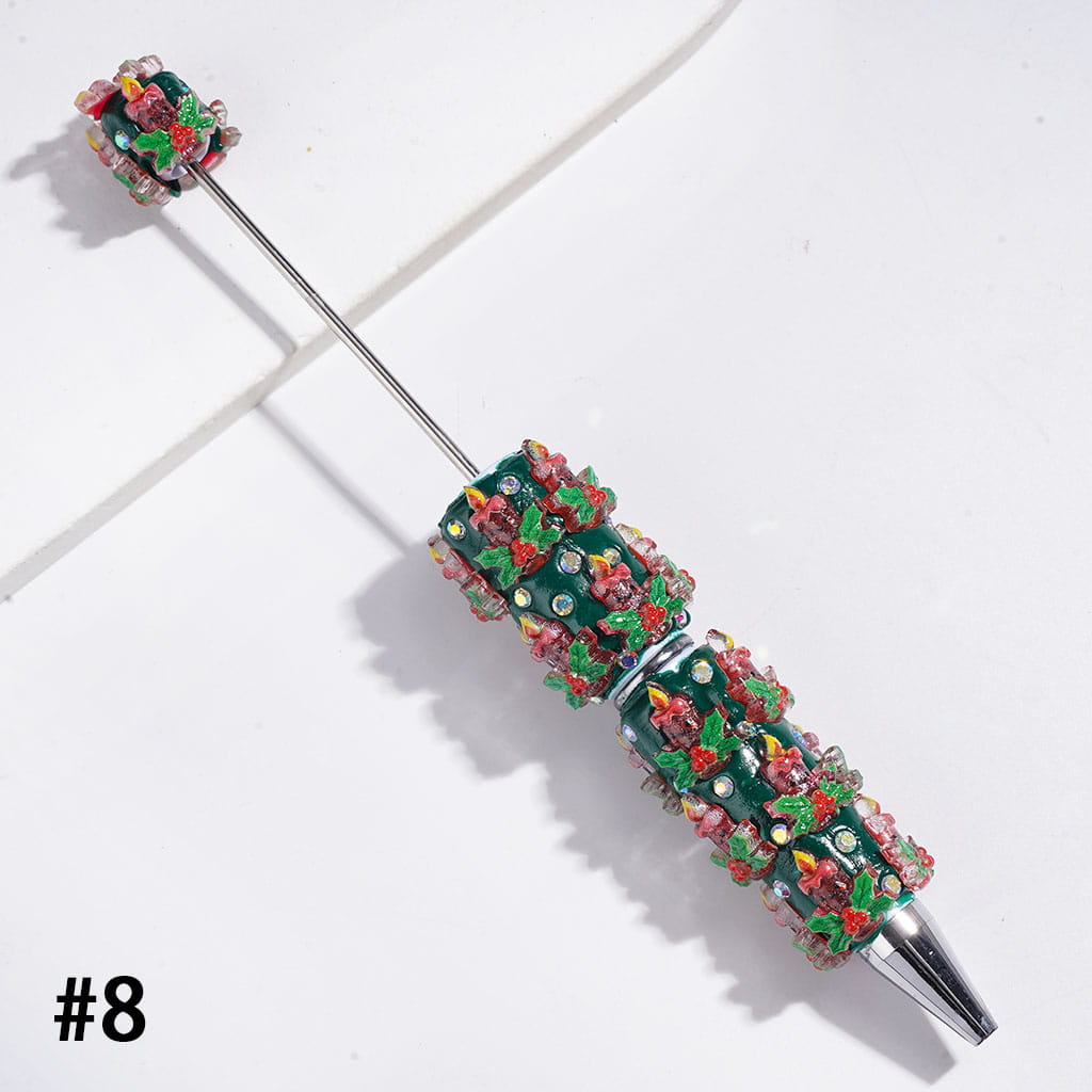 Christmas Beadable Clay Pens, with AB Rhinestones & Snow Bell Tree Hat Candy Cane Santa Claus Gift Box Gingerbread Sock Candle, Green Pen Base