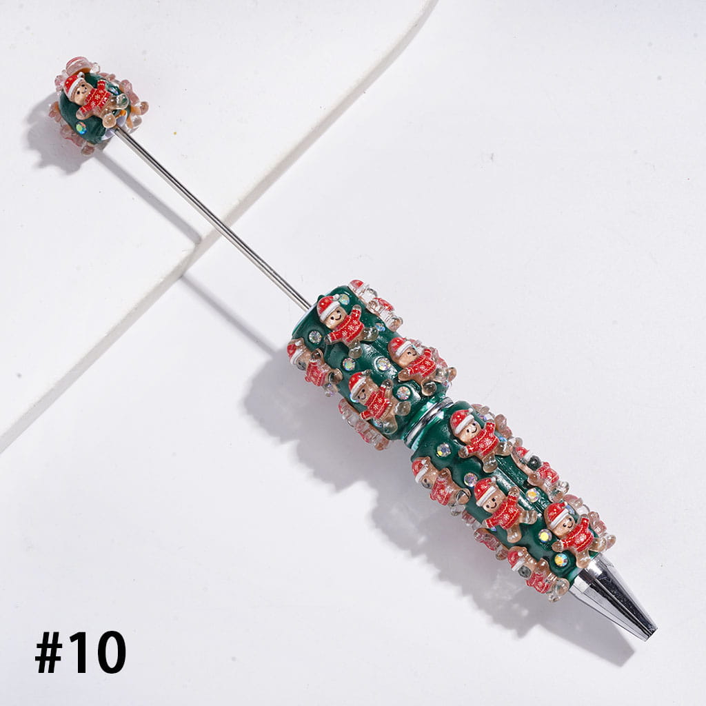 Christmas Beadable Clay Pens, with AB Rhinestones & Snow Bell Tree Hat Candy Cane Santa Claus Gift Box Gingerbread Sock Candle, Green Pen Base