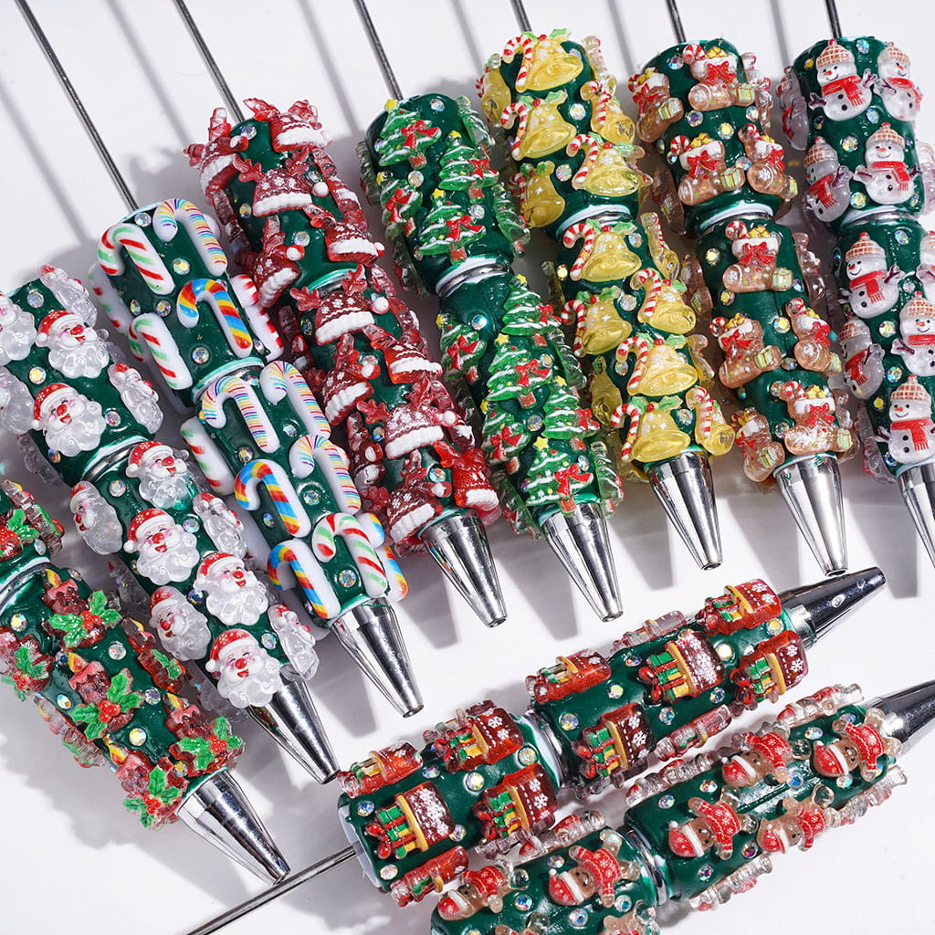 Christmas Beadable Clay Pens, with AB Rhinestones & Snow Bell Tree Hat Candy Cane Santa Claus Gift Box Gingerbread Sock Candle, Green Pen Base