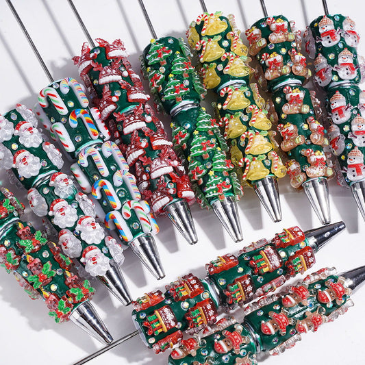 Christmas Beadable Clay Pens, with AB Rhinestones & Snow Bell Tree Hat Candy Cane Santa Claus Gift Box Gingerbread Sock Candle, Green Pen Base
