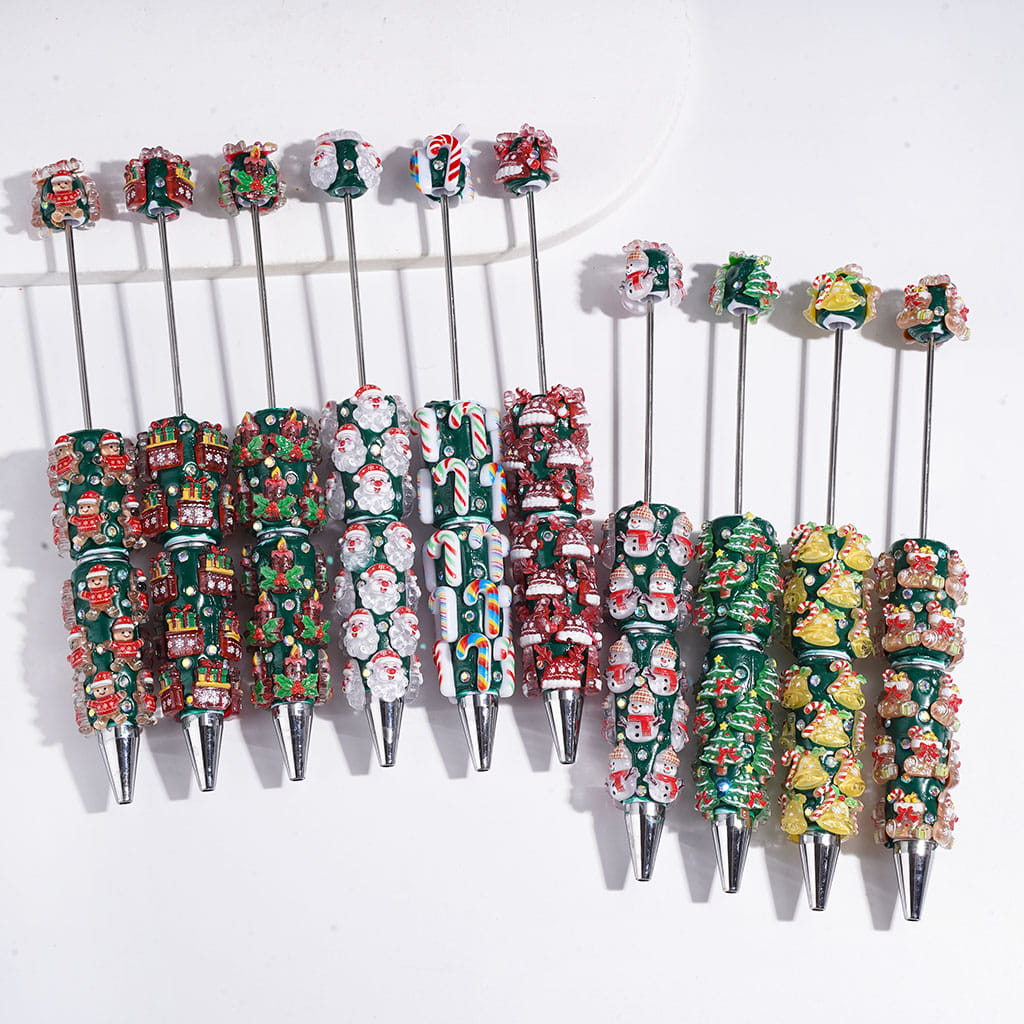 Christmas Beadable Clay Pens, with AB Rhinestones & Snow Bell Tree Hat Candy Cane Santa Claus Gift Box Gingerbread Sock Candle, Green Pen Base
